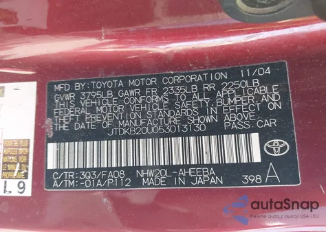 2005 Toyota Prius z USA, uszkodzony, nr VIN JTDKB20U053013130